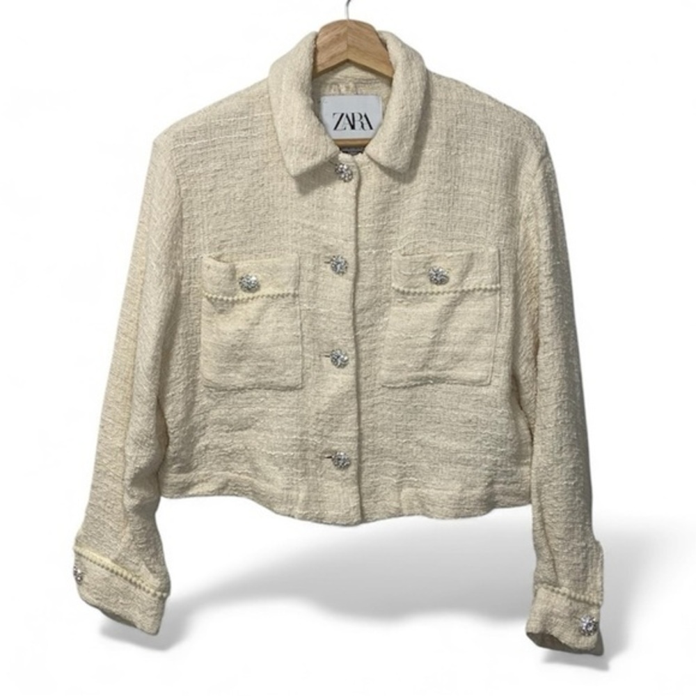 Zara Tweed Cropped Blazer Jacket Cream Size S